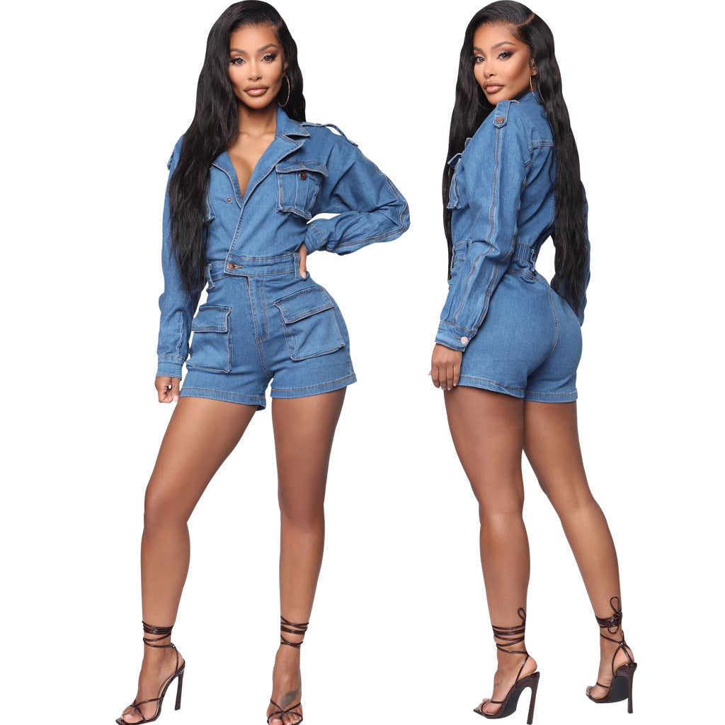 long sleeve shorts romper With Belt for women