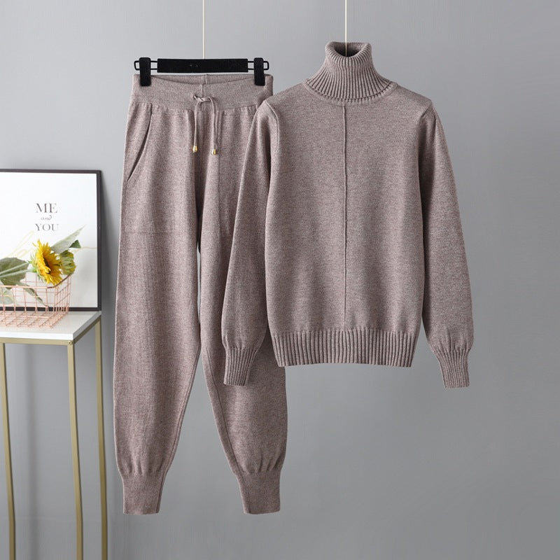 High neck Solid Color Sweaters Two Piece Set