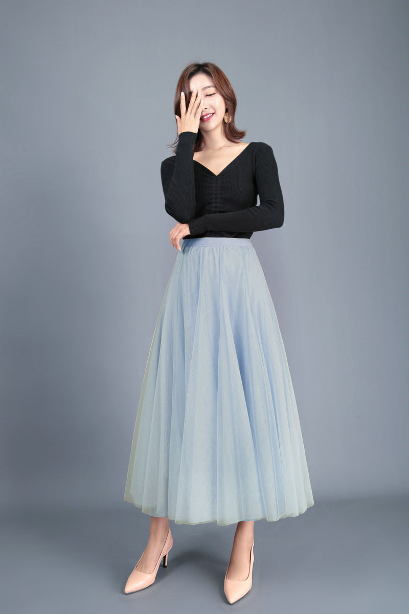 Mid Length Pleated Skirt A Line Tulle Skirt