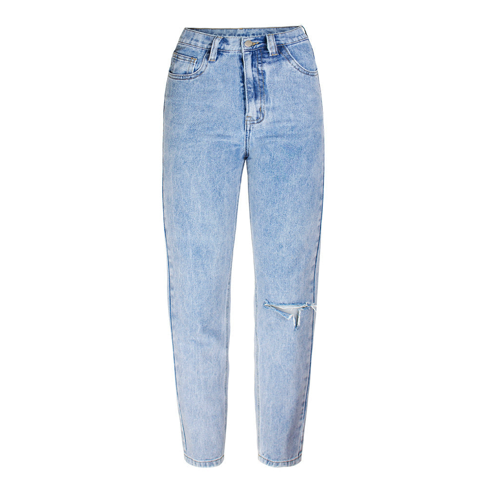 Casual Washed out Hole High Waist Straight Jeans
