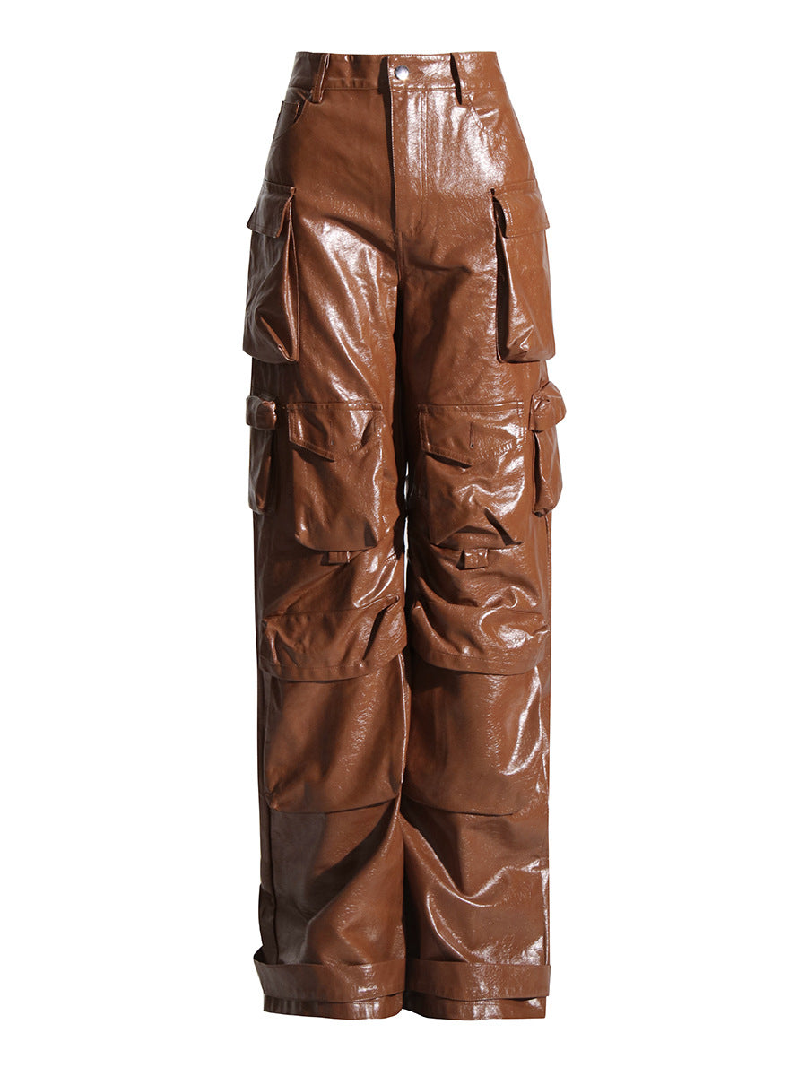 High Waist Large Pocket Faux Leather Straight Leg Pants