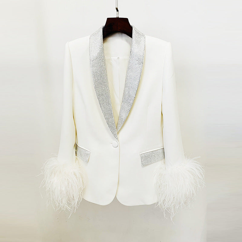 Feathers Rhinestone Pant Suit With Long Jacket