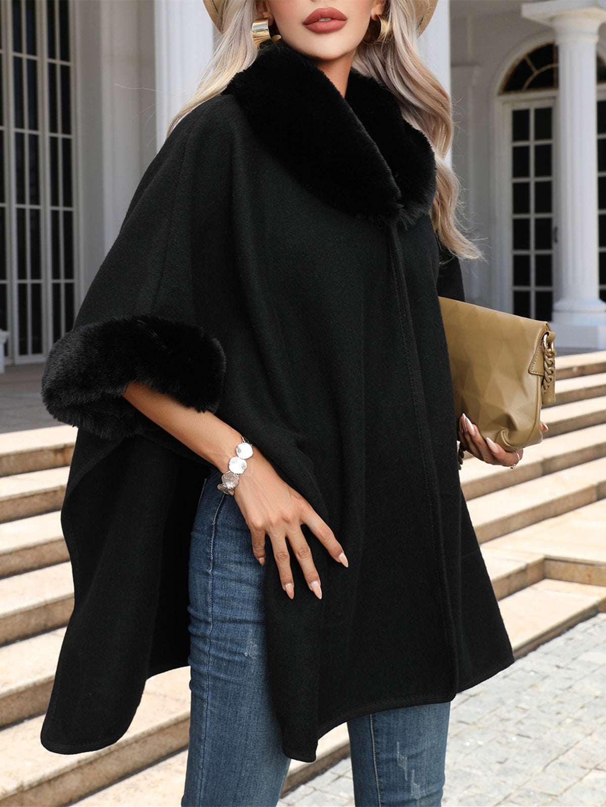 Women Long Black Cardigan with Fur Collar