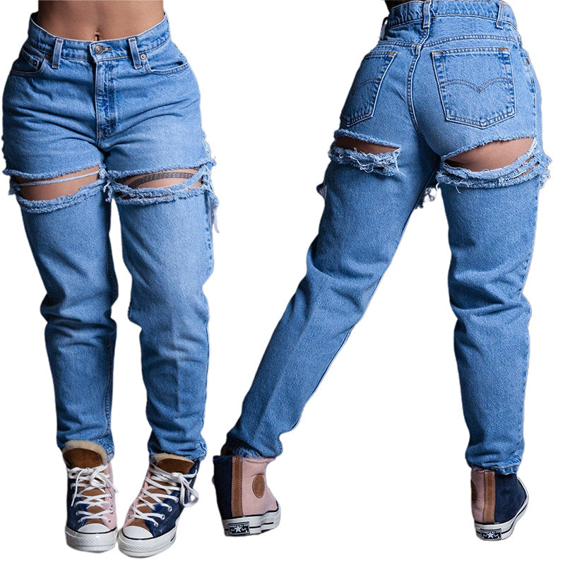 Women Ripped Washed High Waist Loose Jeans