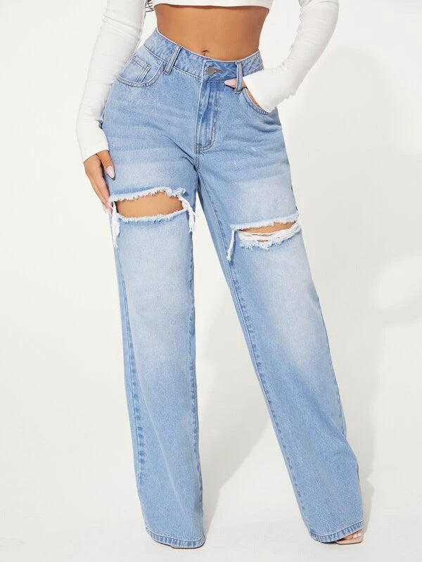 Ripped Washed High Waist Wide Leg Trousers Loose Jeans Pocket