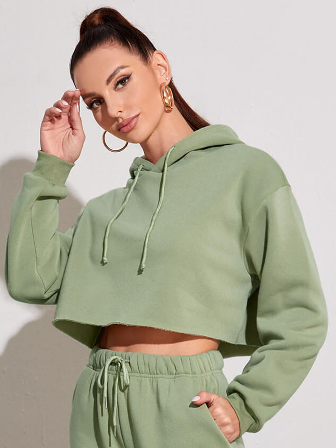 Fleece Solid Color Short Navel-Exposed Hooded