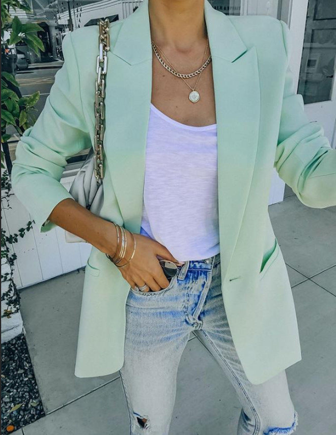 Women Solid Color Collared Long Sleeve Blazer