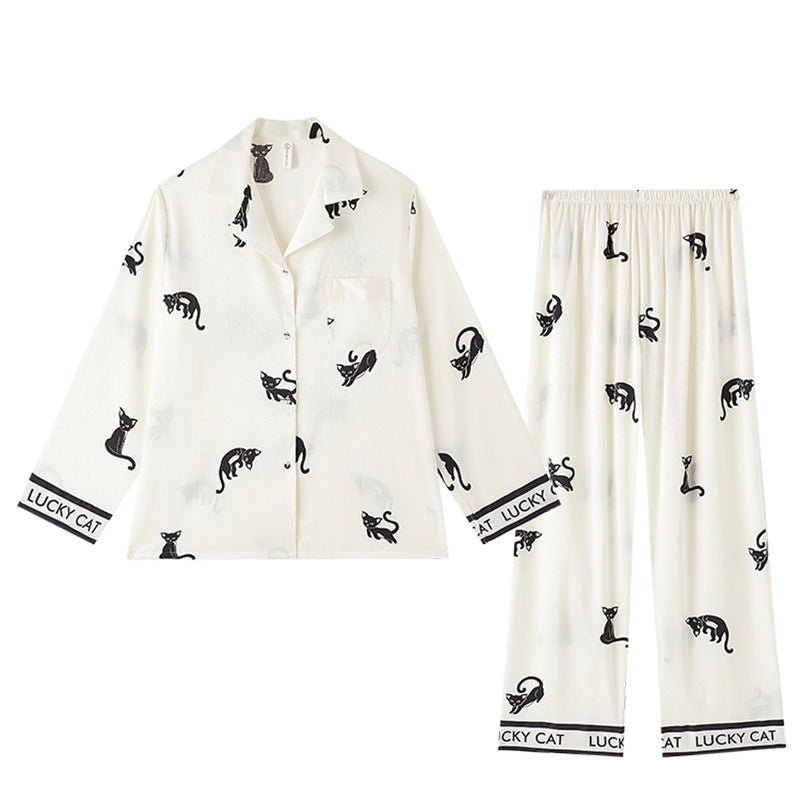Women's Herringbone Thread Ice Silk Summer Cat Pajamas