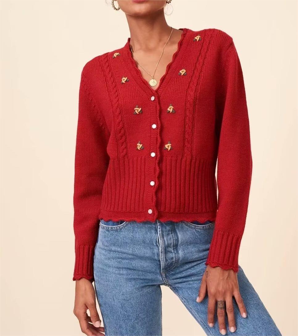 Women Red Cardigan Sweater