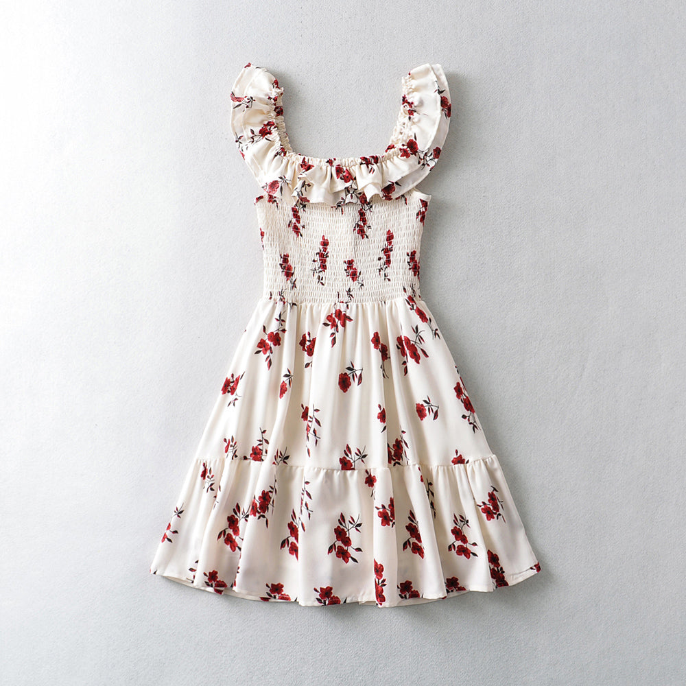 Floral Print Slim Fit Stringy Selvedge Dress