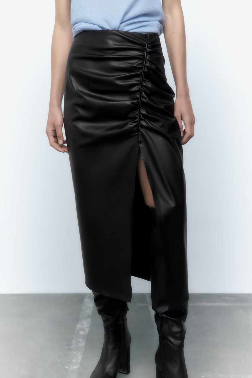Minority Pleated Leather Open Front Skirt