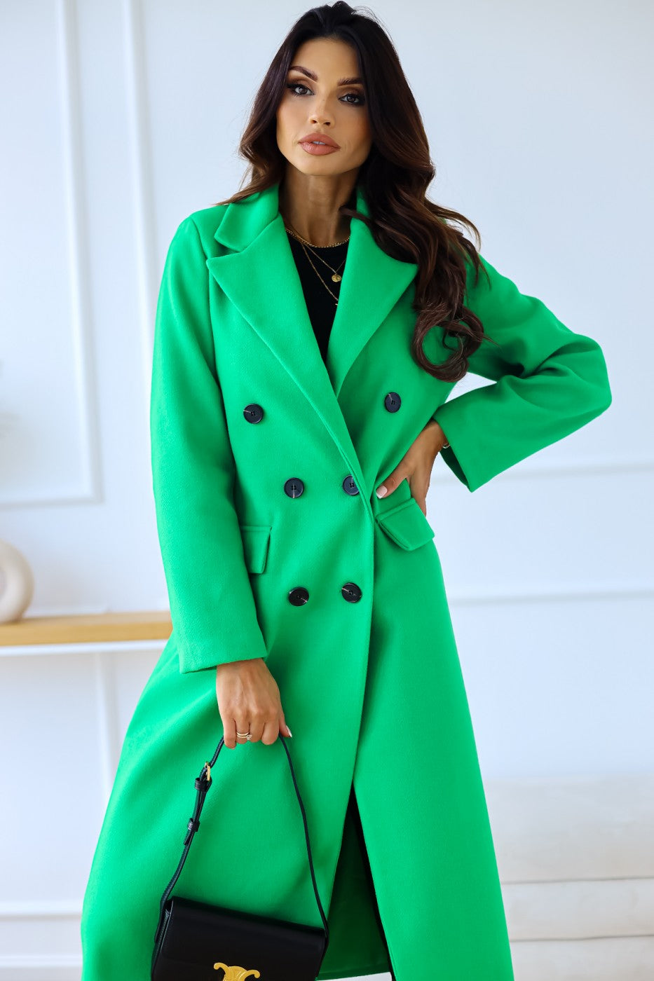 Double-Row Button Long-Sleeve Wool Coat for Women