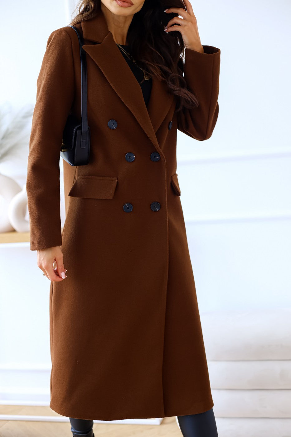 Double-Row Button Long-Sleeve Wool Coat for Women