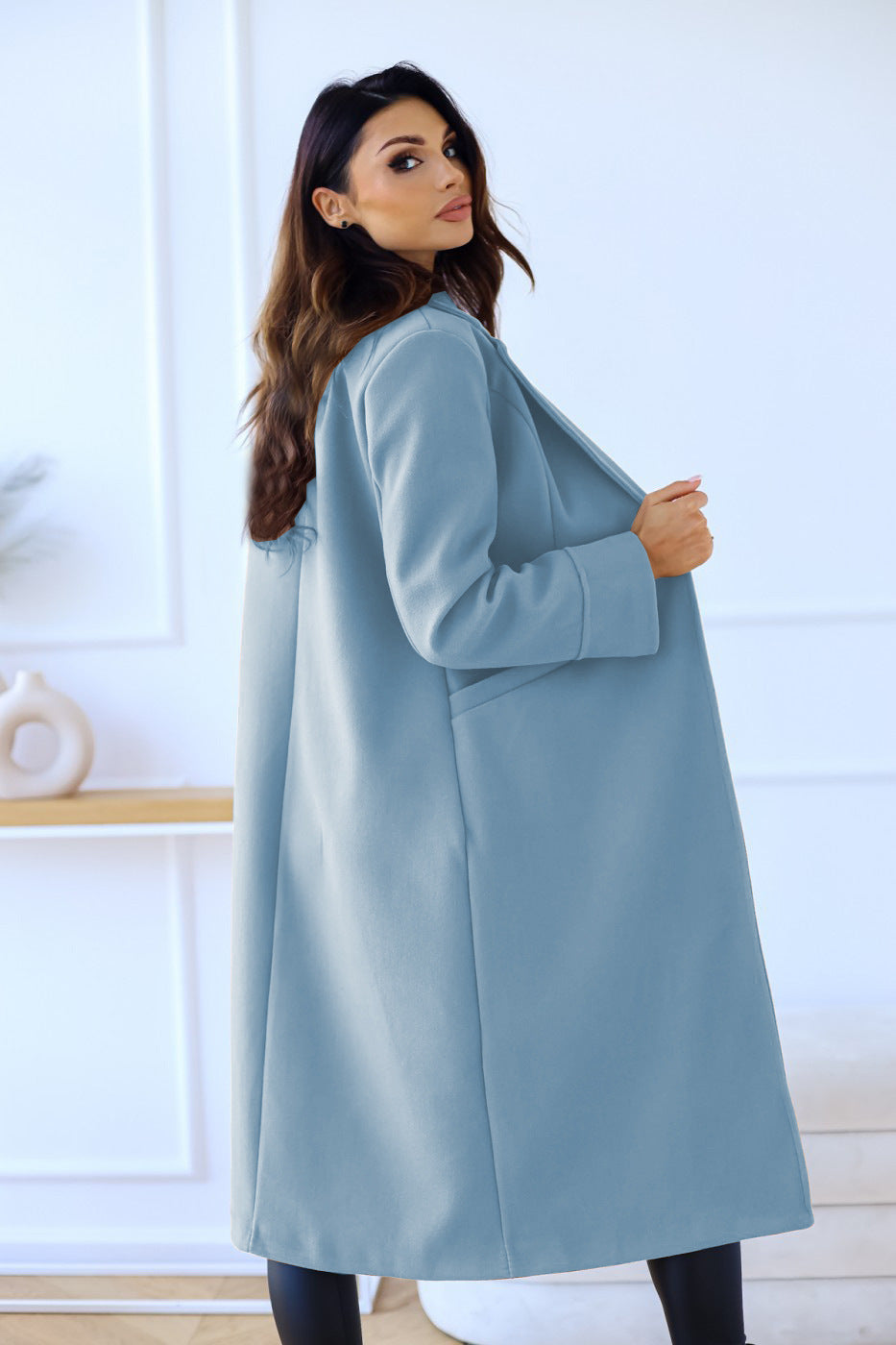Simple Solid Color Long Sleeve Collared Button Woolen Coat