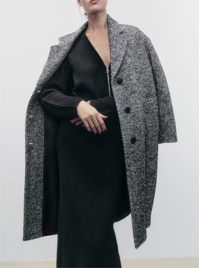 Women's Long Woolen Trench Coat Padded Collared Coat