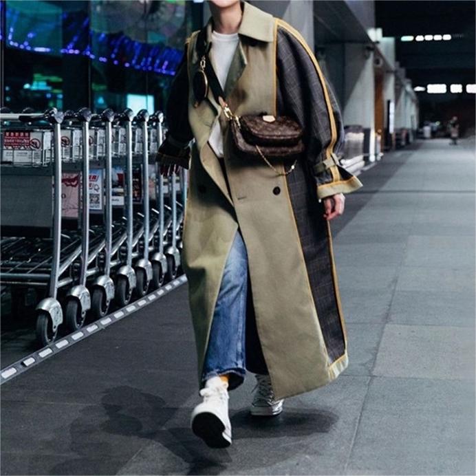 double-breasted plaid mid-length baggy trench coat