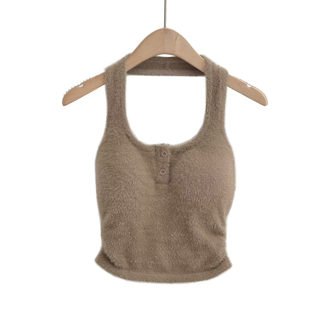 Sexy Flat Collar Short Cropped Exposed Plush Camisole
