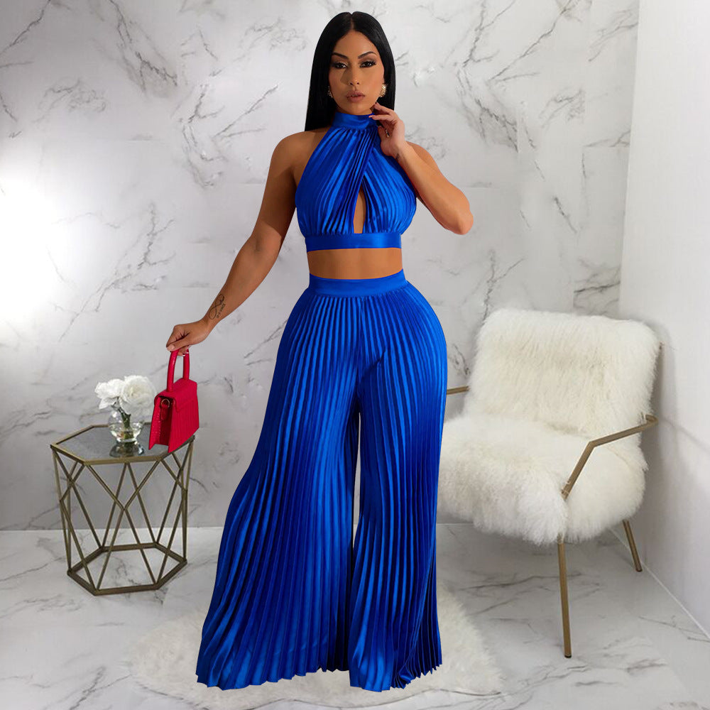 Halter Backless Silk Pleated Wide Leg Pants Two Piece Set
