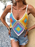 Vacation Geometric V Neck Crochet Crop Vest