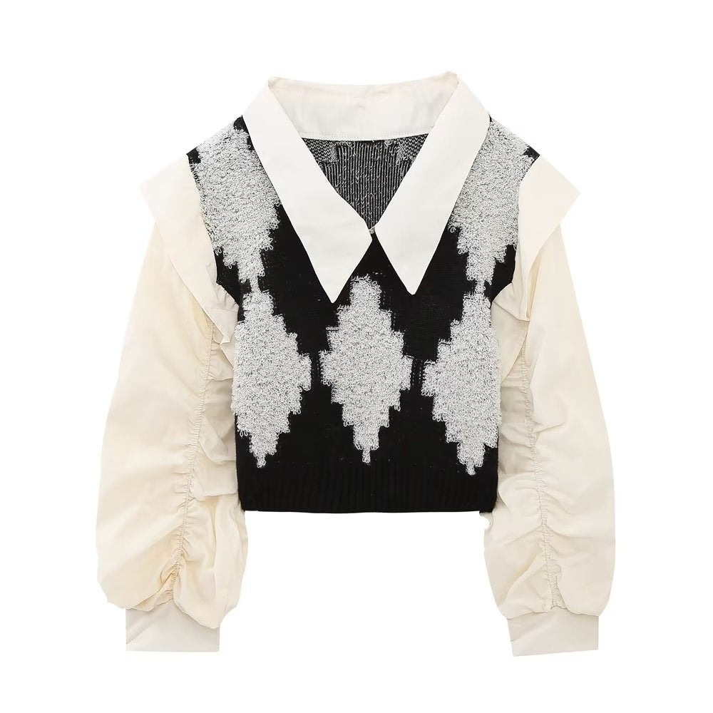 Faux Two Piece Rhombus Stitching Sweaters