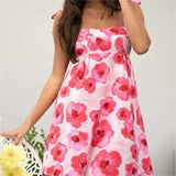 Rose Print Lace Tube Tops Strap Dress