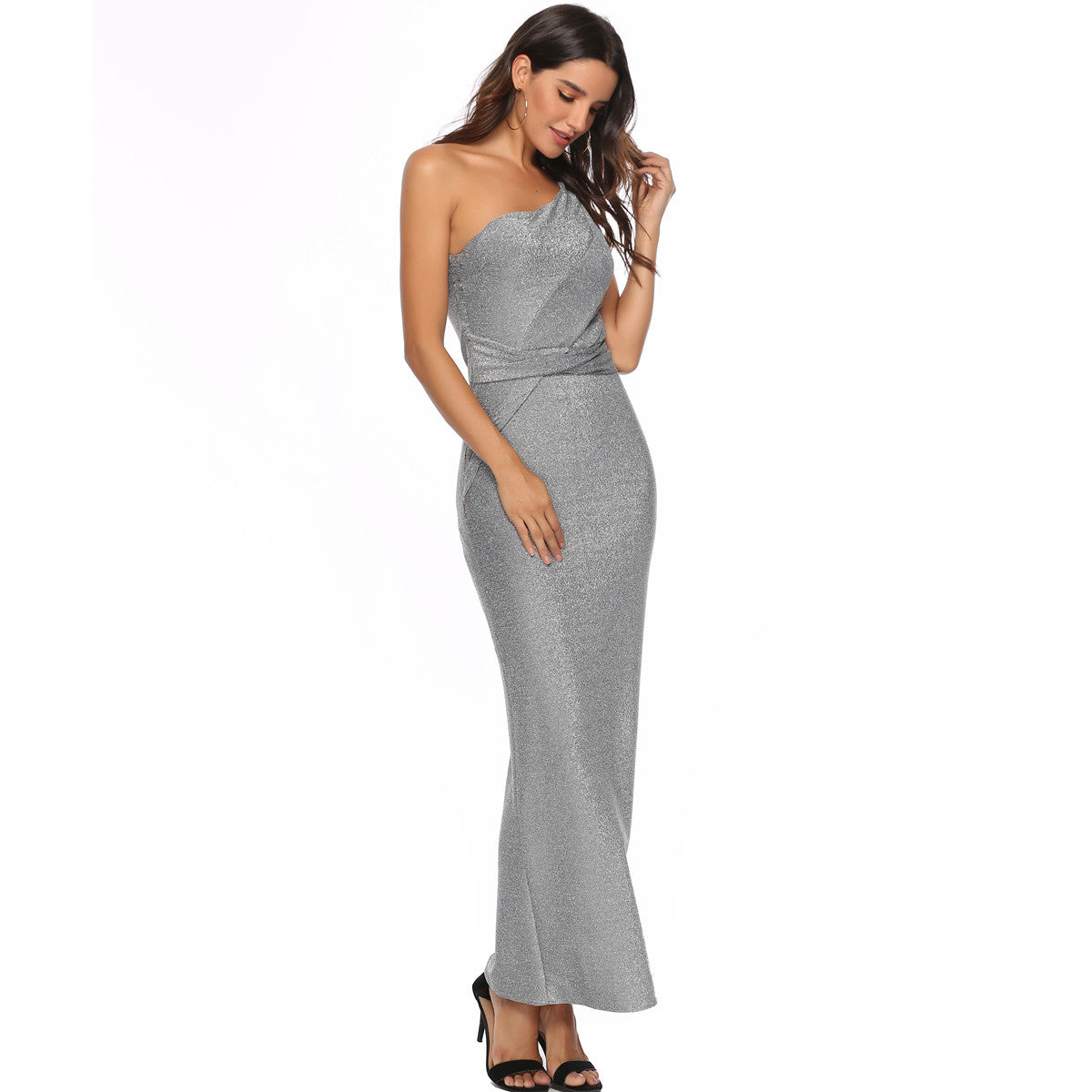 Silver One-Shoulder Bright Silk Dress Plus Size