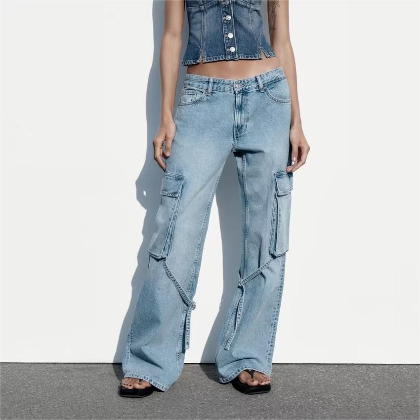 Loose Strap Accessories Mid Waist Cargo Jeans