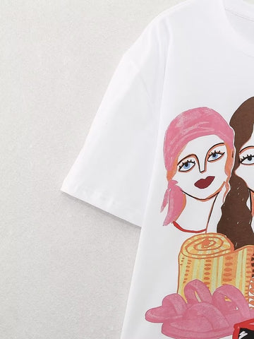 Girls Print Round Neck T-shirt For Women