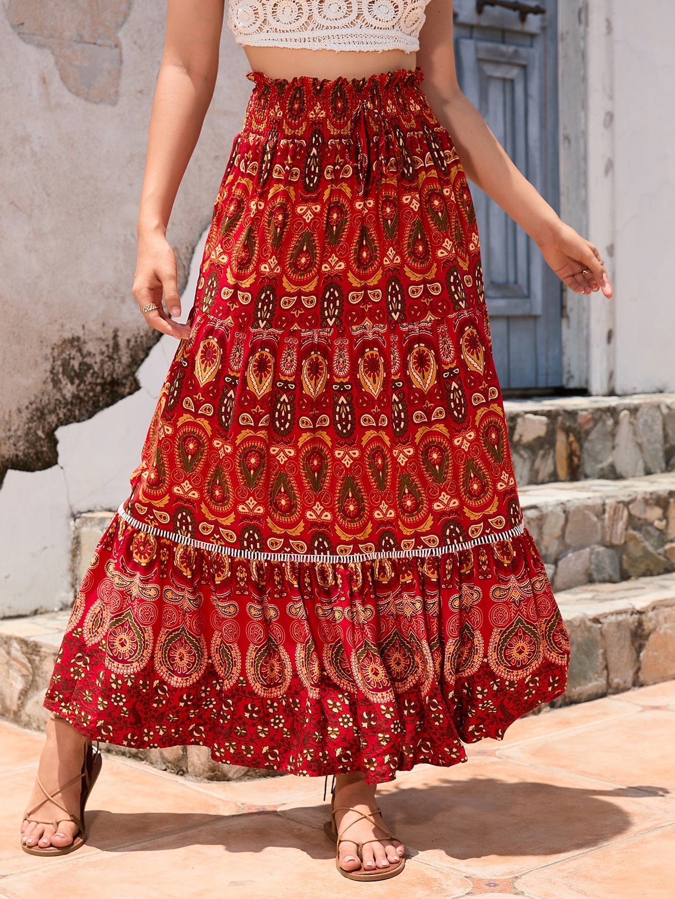 Lace Stitching Rayon Skirt Variety High Waist Large Swing Beach Dress