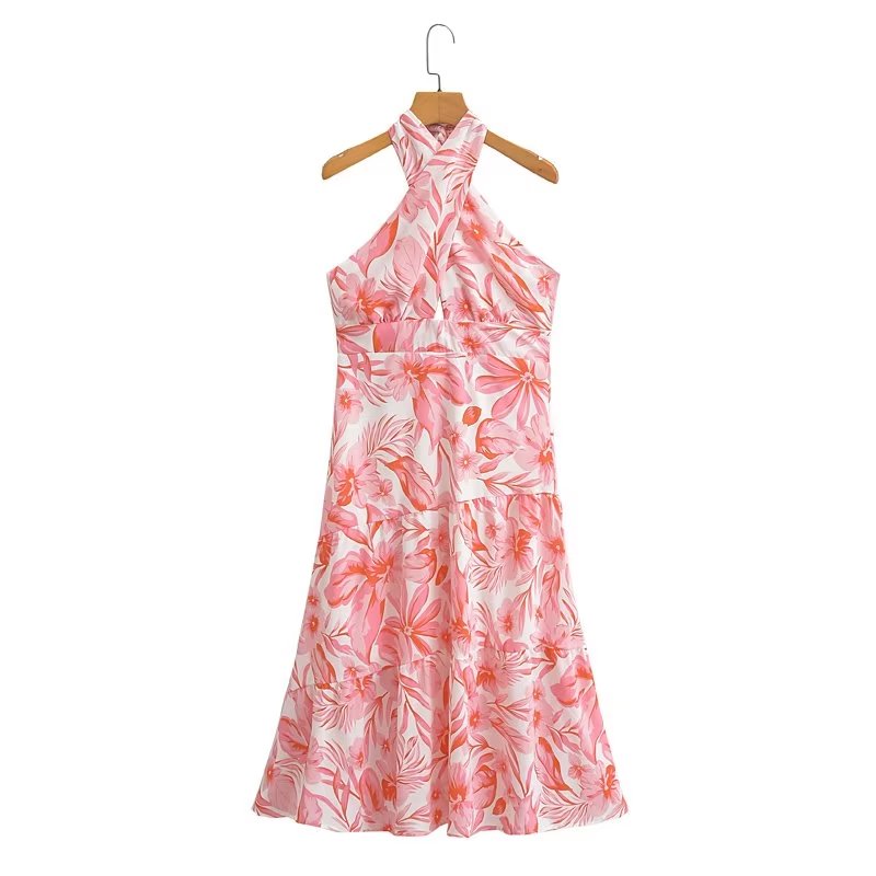 Hanging Backless Sleeveless Printed Long Patchwork Dress