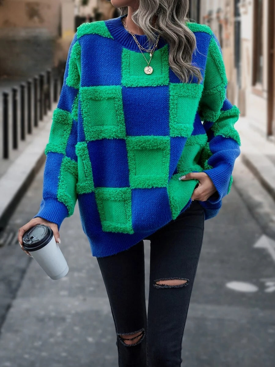 Women Two Tone Pig Pullover Loose Sweater