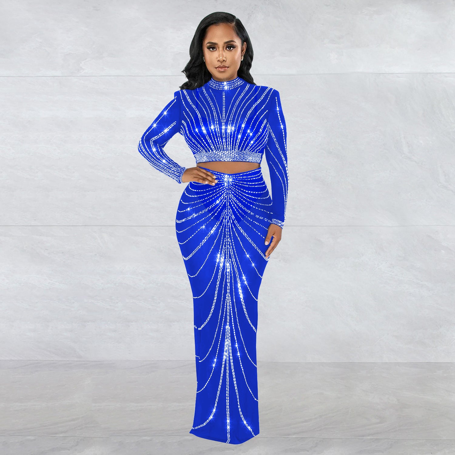 Mesh Drilling See through Long Sleeve Dress Two Piece Set