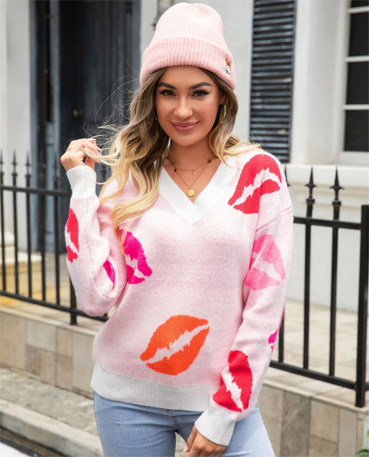 Lips Valentine Day Sweater V neck Knitted Pullover Sweater