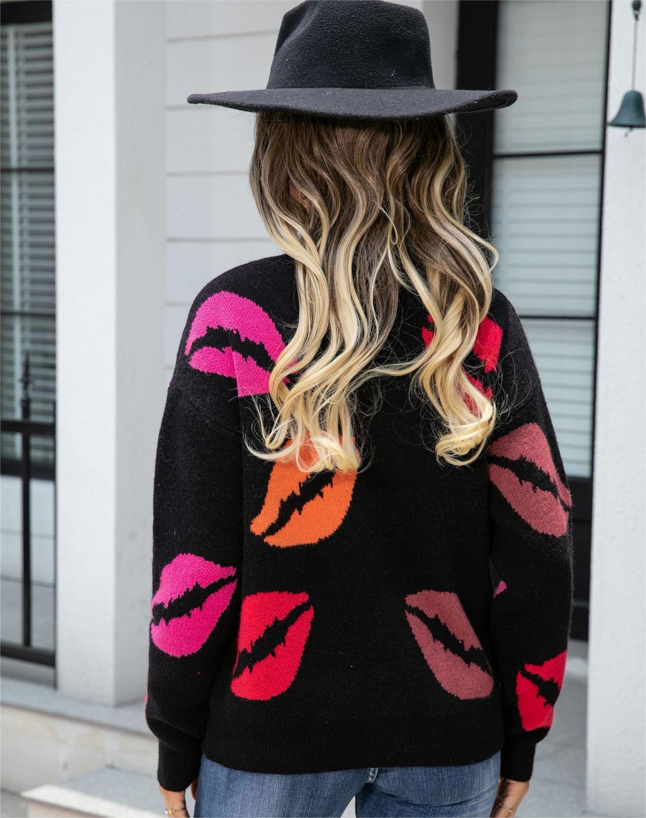 Lips Valentine Day Sweater V neck Knitted Pullover Sweater