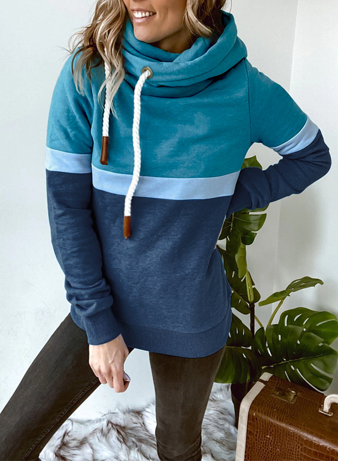 Color block Casual Pullover Hooded Sweater for Women