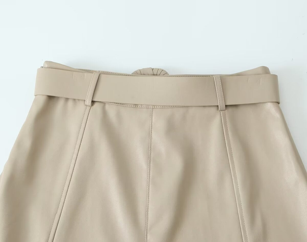Leather Long Khaki Skirt