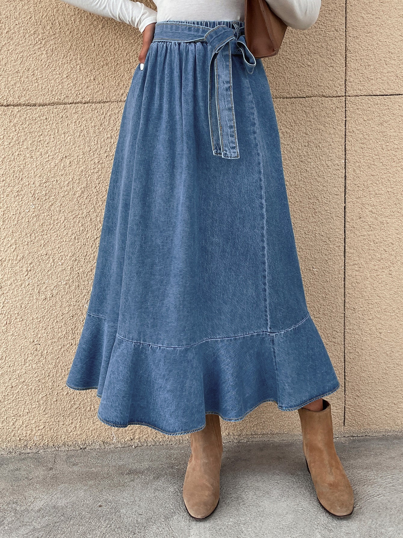 Blue Ruffle Skirt Denim Mid Length