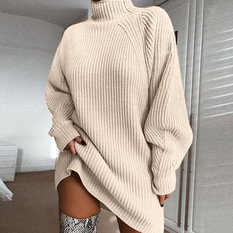 Knitwear Mid-Length Raglan Sleeve Mock Neck Sweater Dress