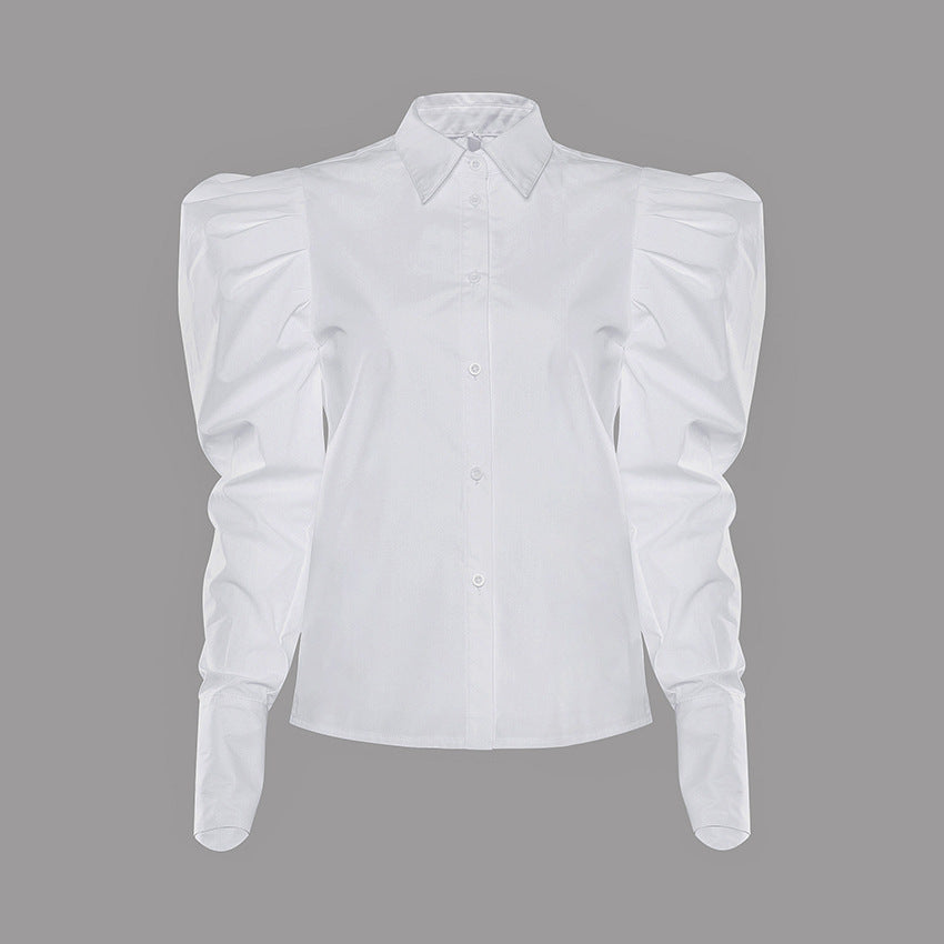 White Puff Sleeve Business Shirt Top Women Loose Retro