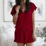 Home Wear Two-Piece V-neck Solid Color Casual Suit