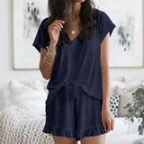 Home Wear Two-Piece V-neck Solid Color Casual Suit
