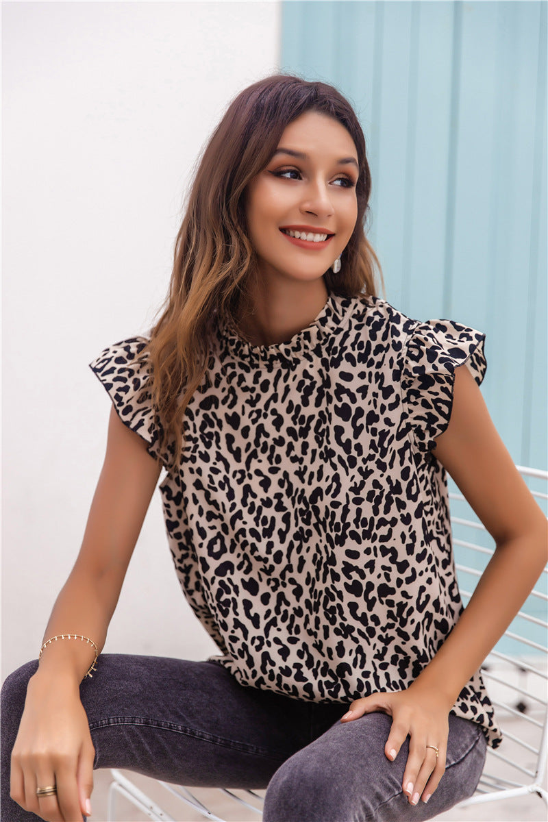 Sexy Leopard Print Half-Turtleneck Petal-Sleeve Top