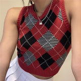 Plaid Bandage Dress Sleeveless V-neck Knitted Vest