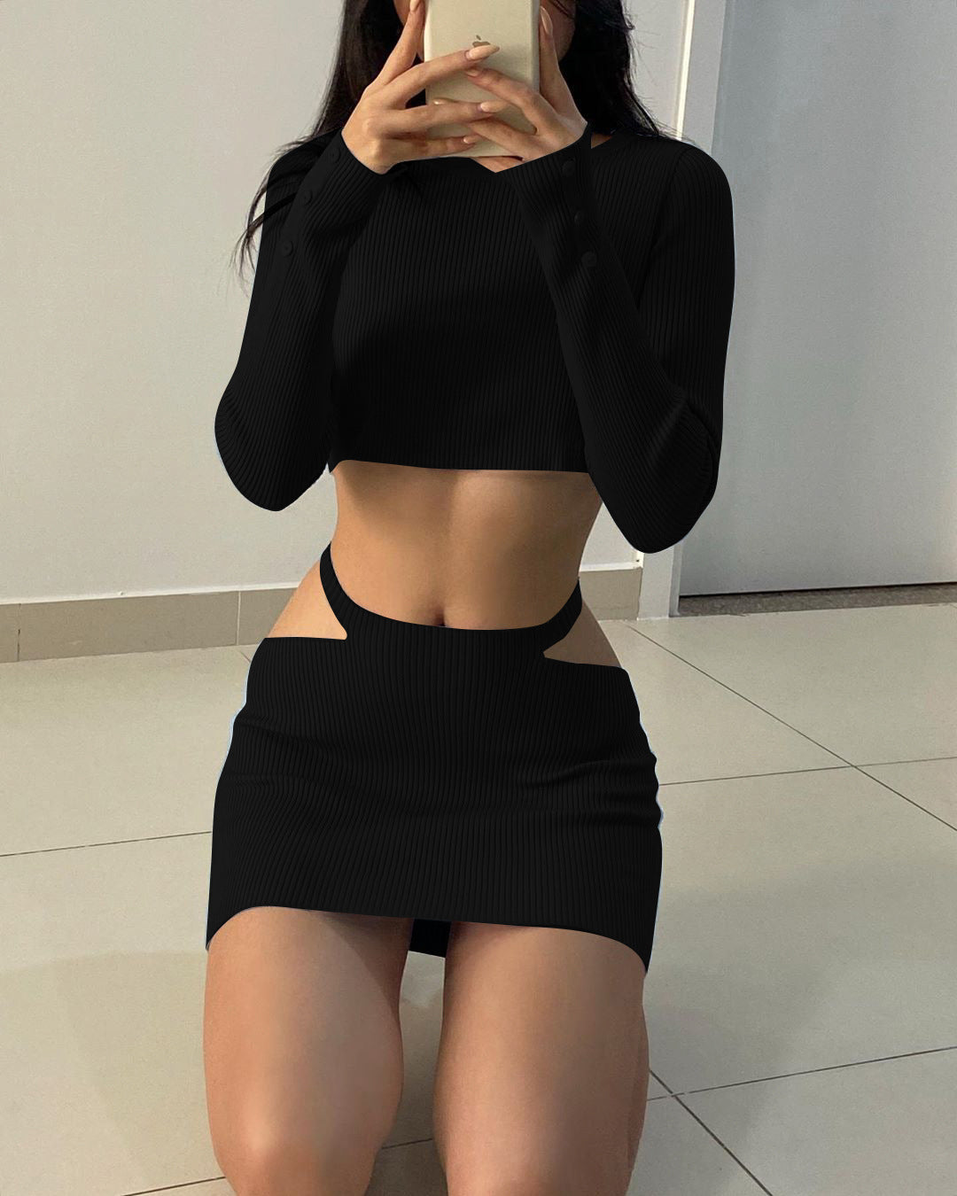 Long Sleeves Cropped Top Hollow Out Cutout Mini Set