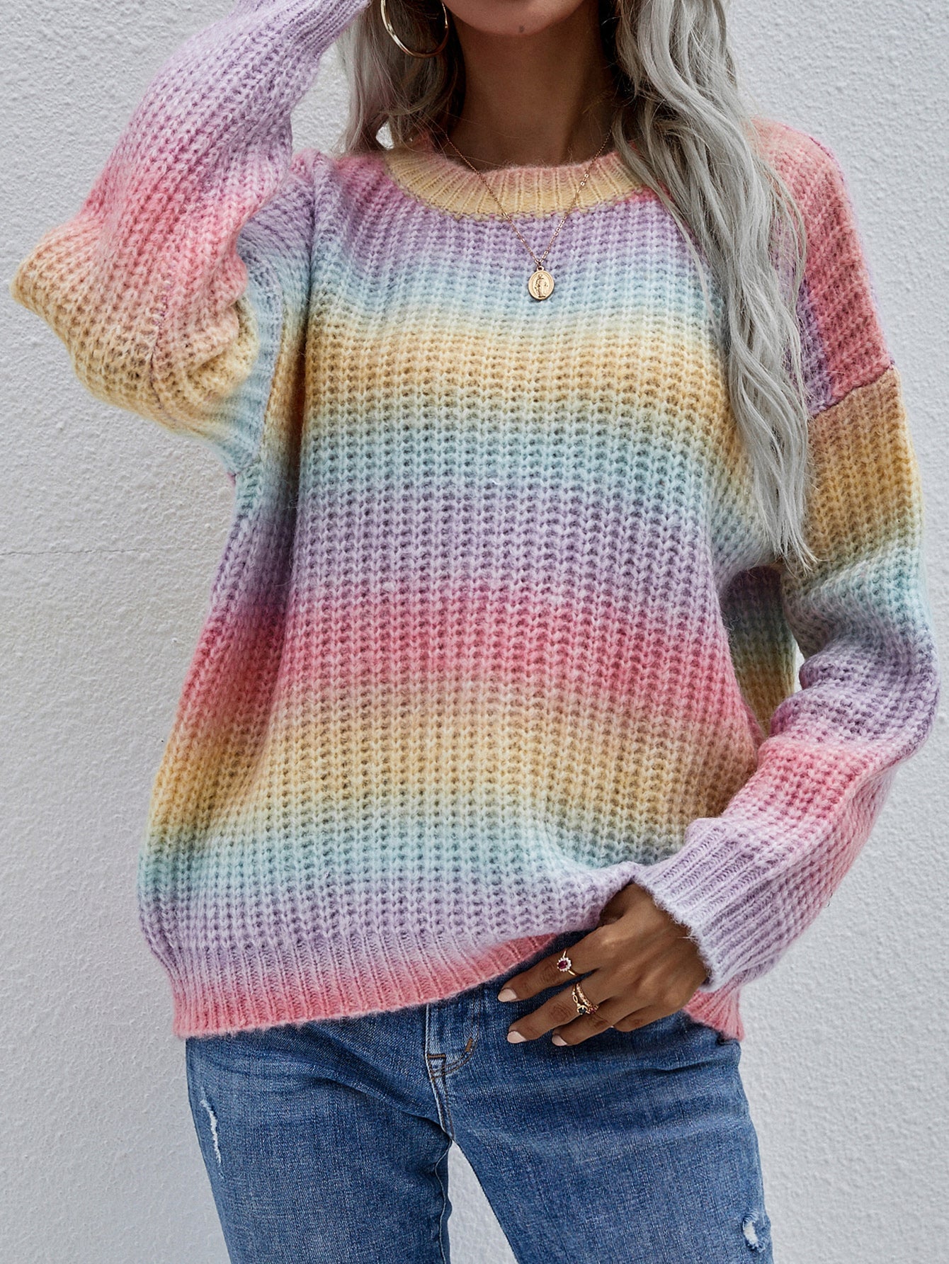 Striped Bai Yuan Collar Plus Size Rainbow Sweater