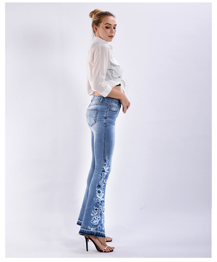 3D Embroidered Denim Bell Bottom Pants Plus Size