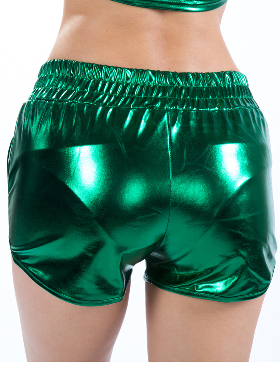 Loose-pocket elastic-waist leather-bottomed shorts