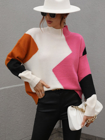 Color-Block Crewneck Knitwear Women Pullover Sweater