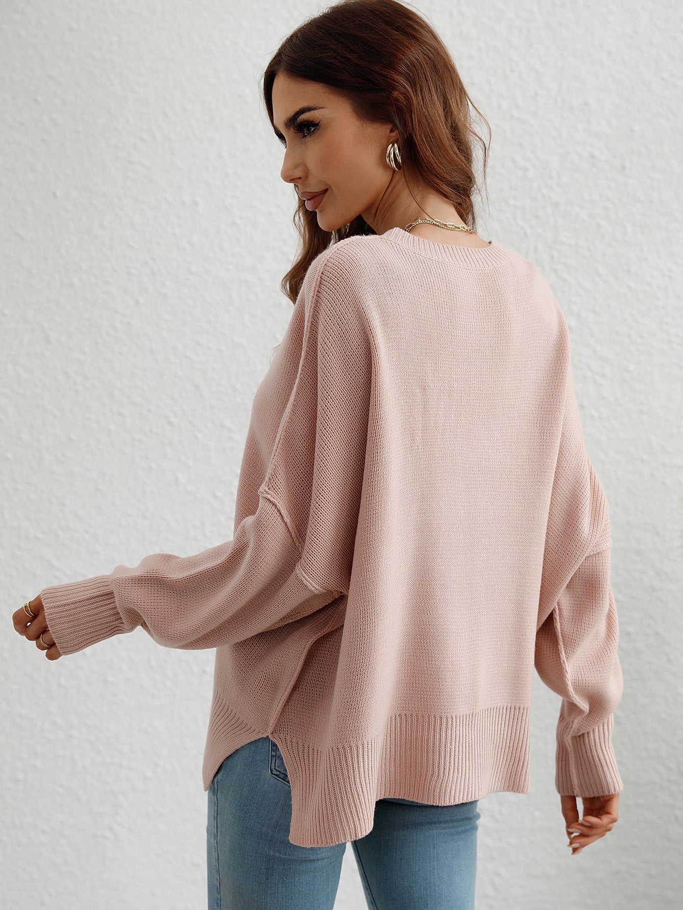 Women's long sleeve knitted loose split pullover