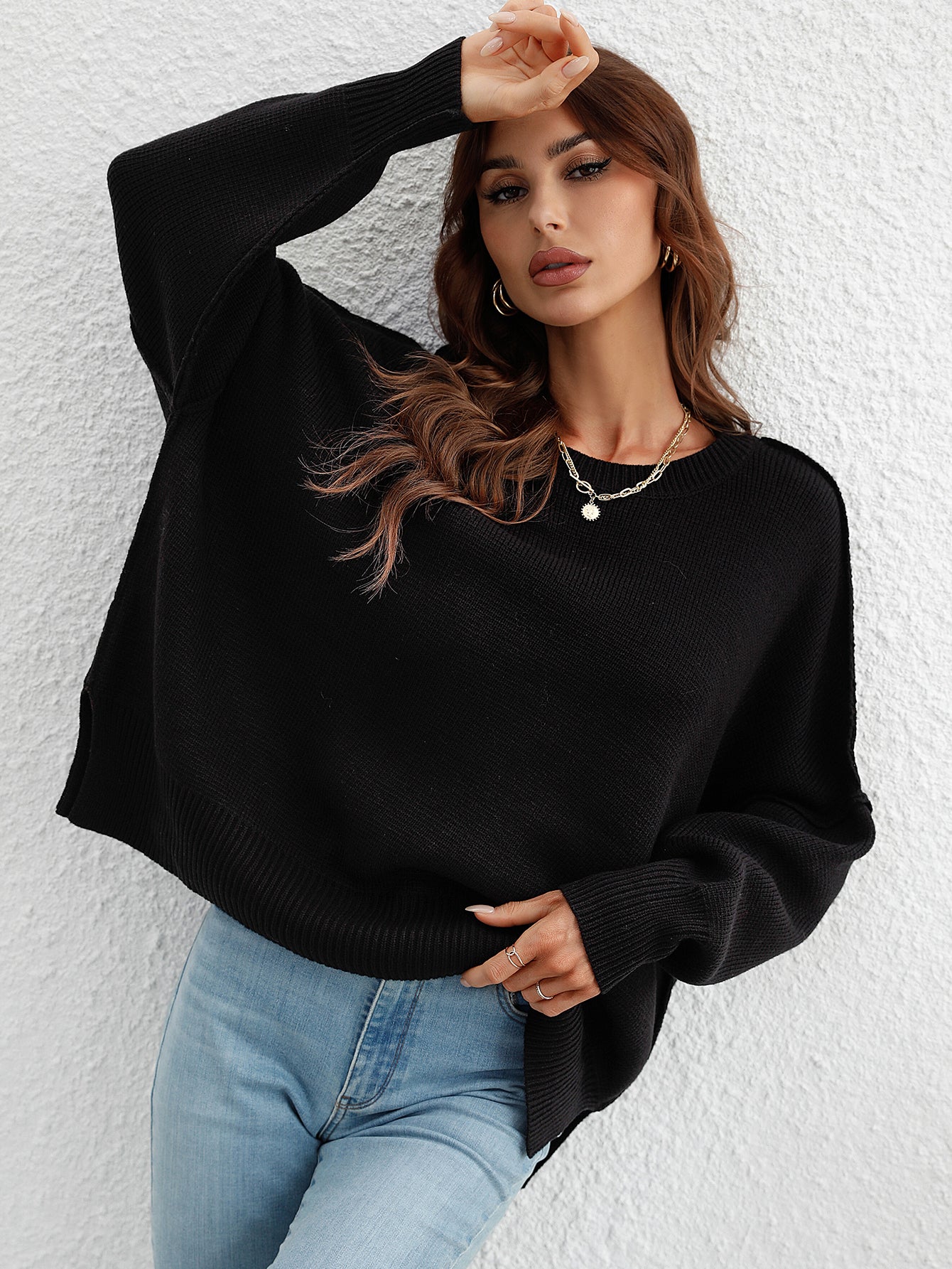 Women's long sleeve knitted loose split pullover